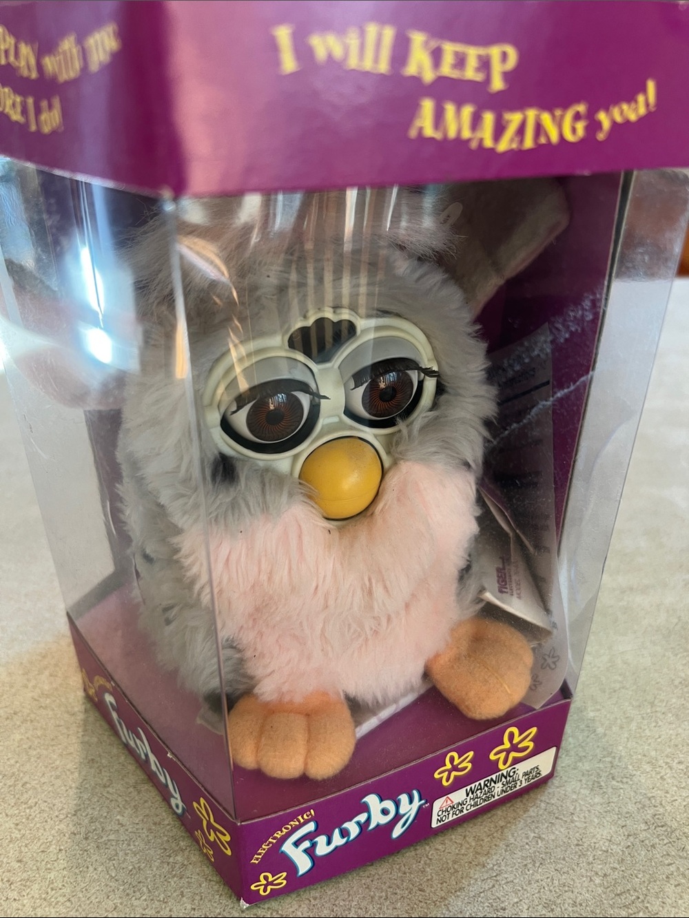 Vintage rare pink and grey spotted Tiger Electronic Furby in box